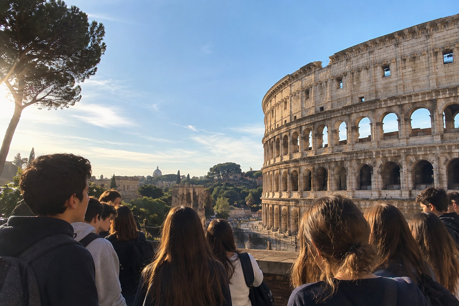 Alunos a observar o Coliseu de Roma a partir de um miradouro